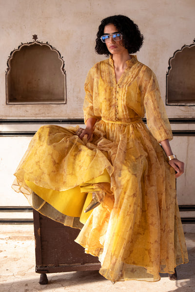 PRINTED ORGANZA PLEATED SHIRT & MAXI SKIRT SET