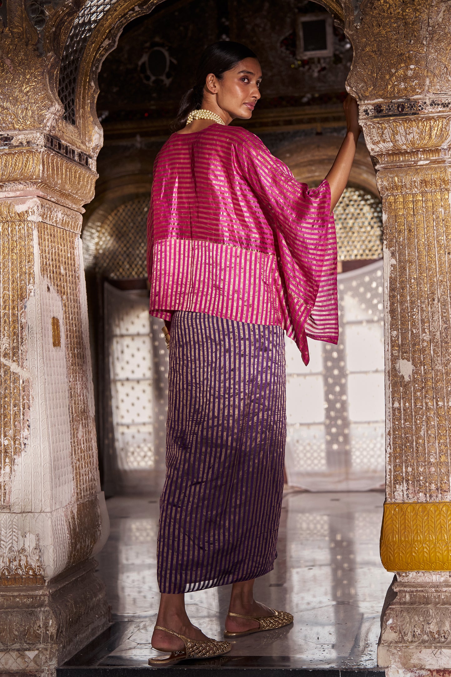 BENARES TISSUE STRIPE DRAPE SKIRT