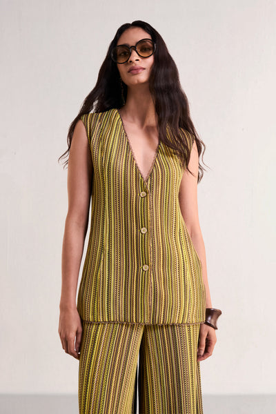 SCALLOPED CROCHET KNIT WAISTCOAT & WIDE-LEGGED PANT SET