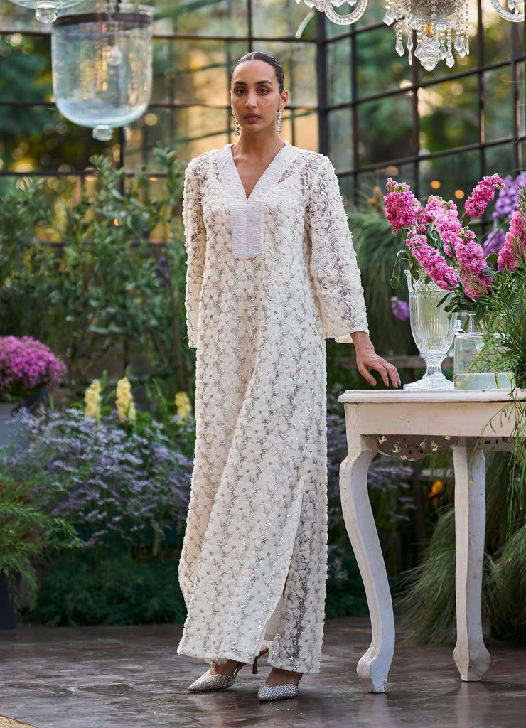 FLORAL RIBBON & SEQUIN EMBROIDERED KAFTAN DRESS dash and dot