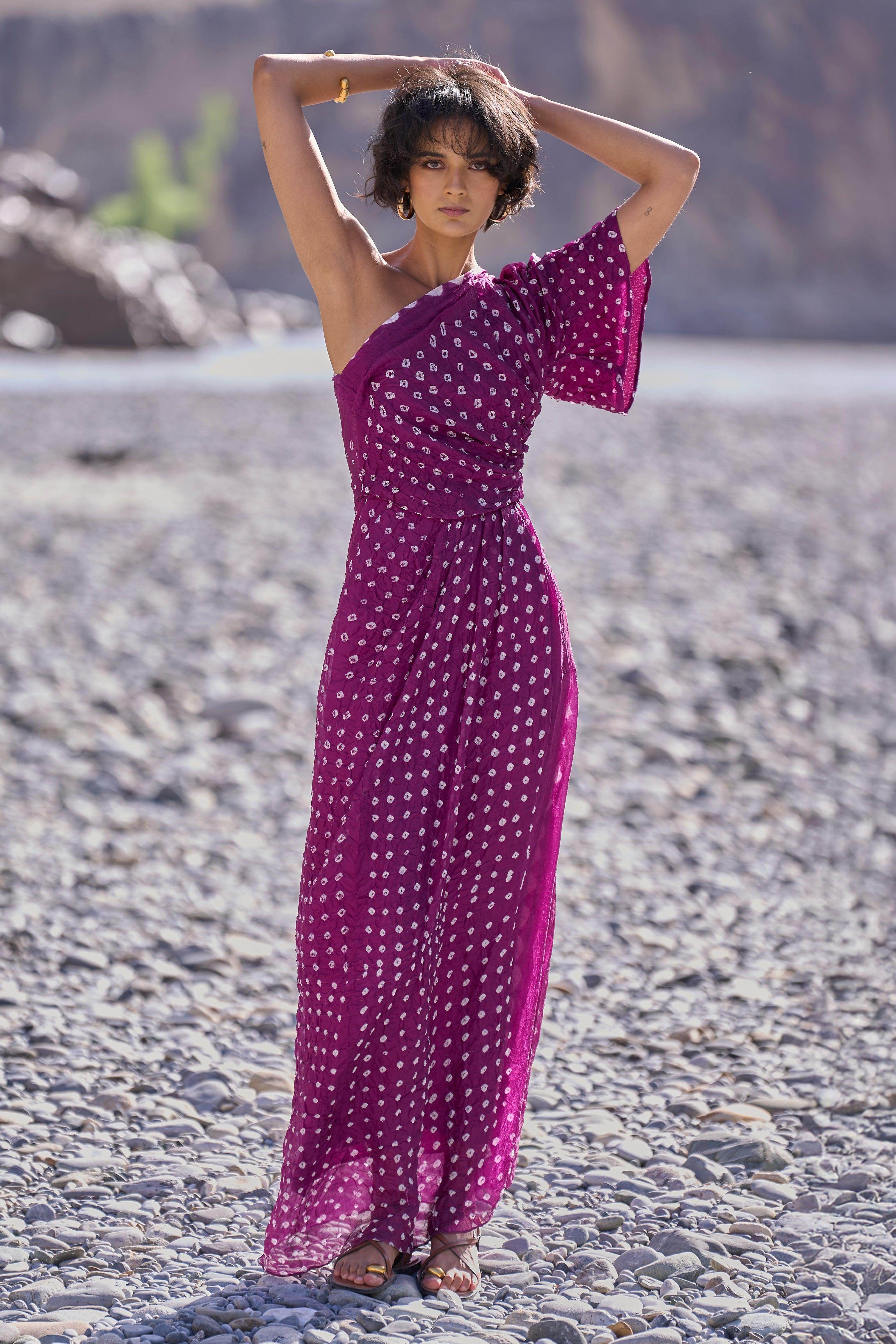 purple bandhani dress Shop Plus Size Violet Printed Cowl Indo-Western Dress Online