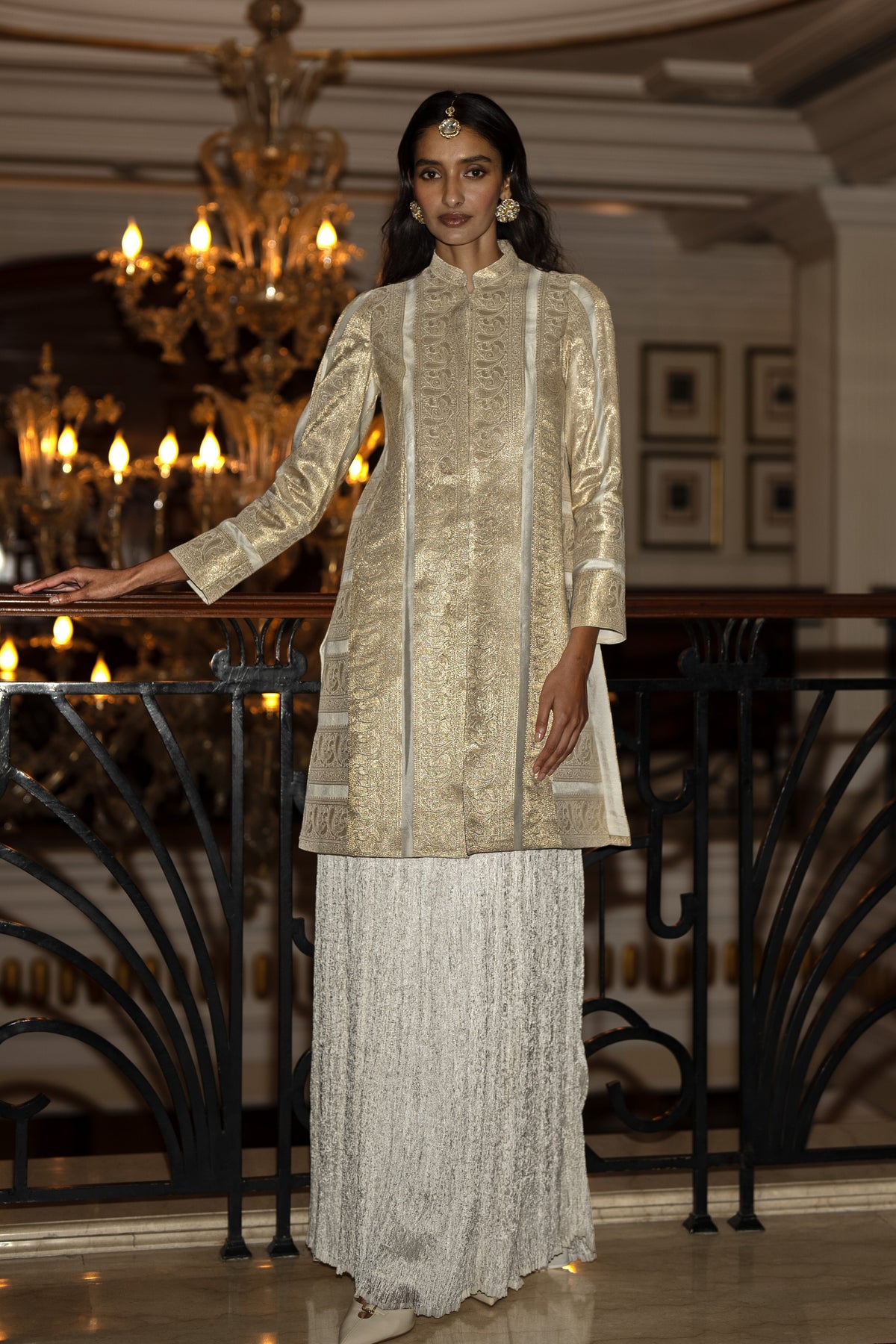 BENARES SILK BROCADE LONGLINE JACKET & CRUSHED CRINKLED MAXI SKIRT