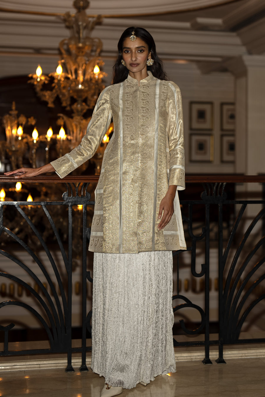 BENARES SILK BROCADE LONGLINE JACKET & CRUSHED CRINKLED MAXI SKIRT