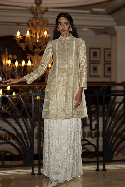 BENARES SILK BROCADE LONGLINE JACKET & CRUSHED CRINKLED MAXI SKIRT