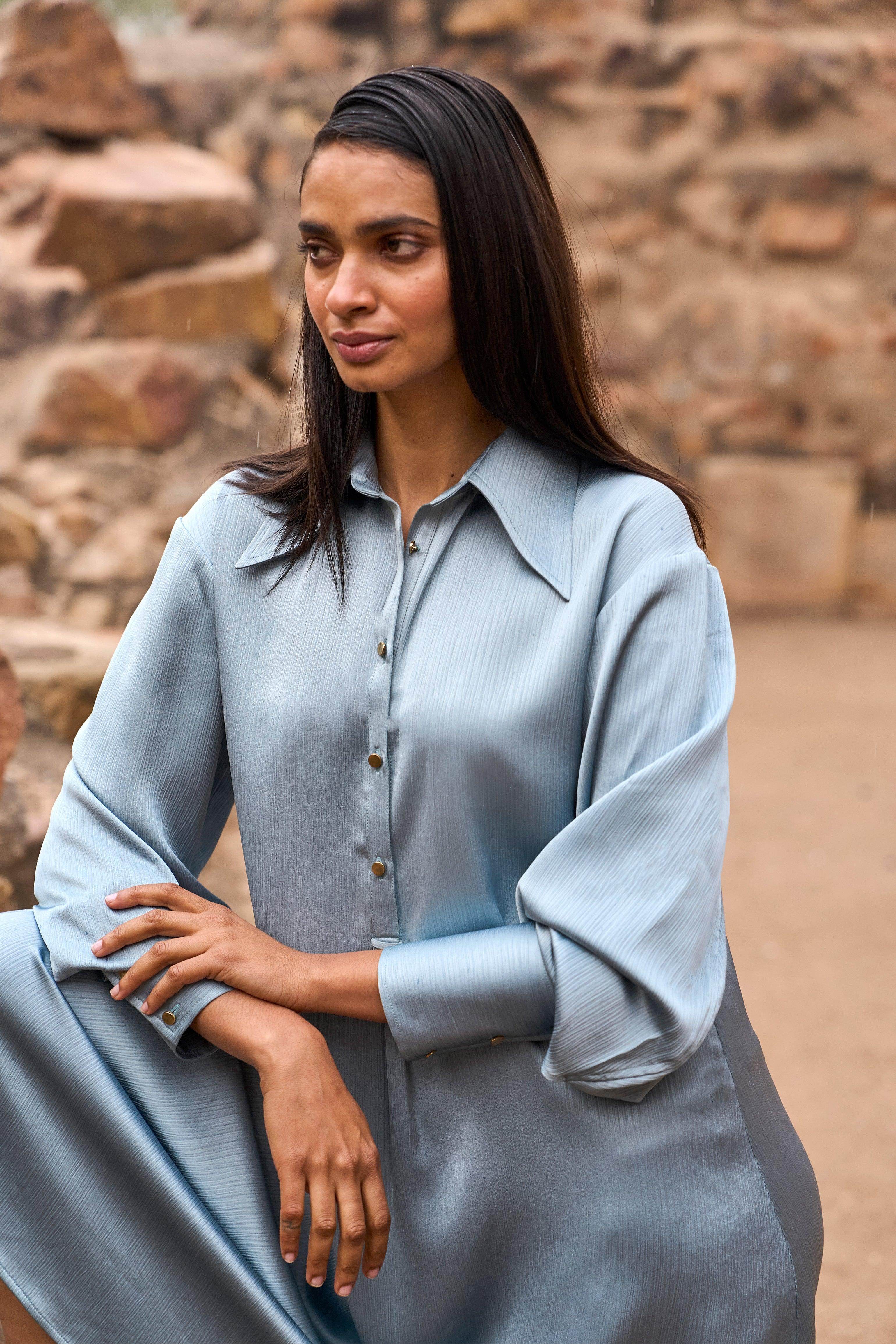 blue satin shirt dress Pale-Blue Satin Shirt-Dress