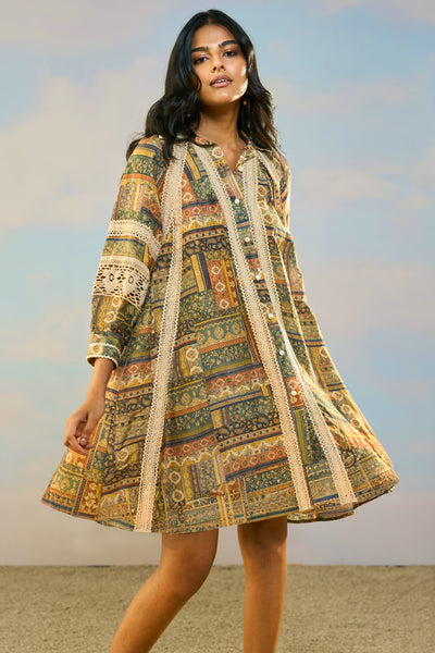 PRINTED LINEN-LACE DRESS