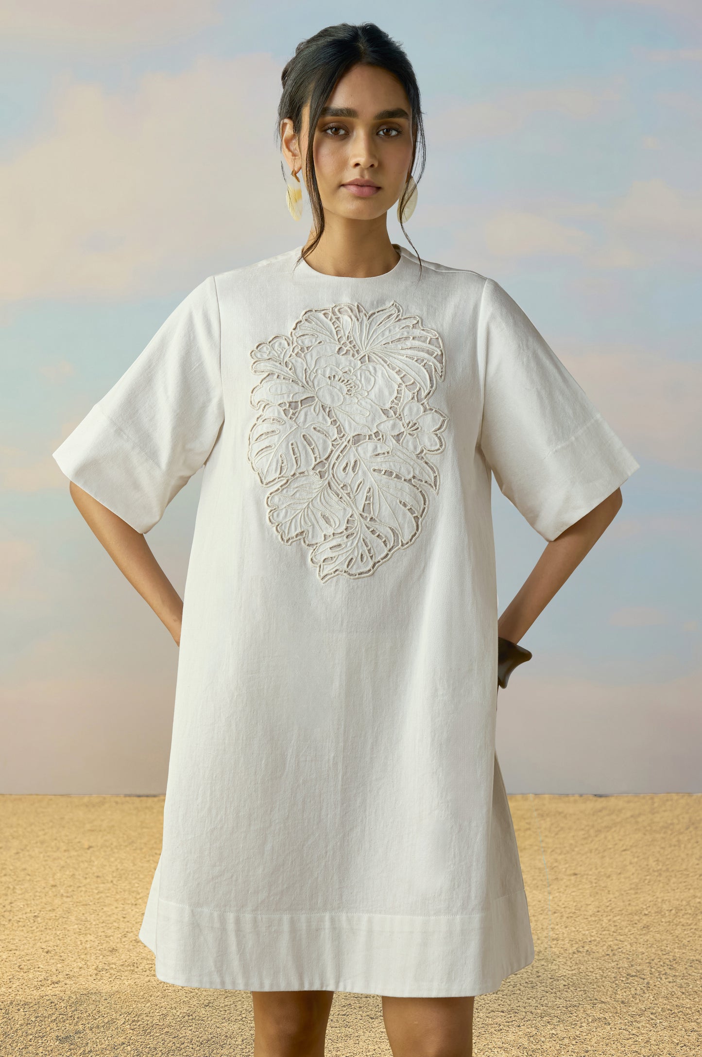 CUTWORK EMBROIDERED DENIM DRESS