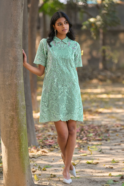 SCALLOPED EMBROIDERED MINI SHIRT DRESS