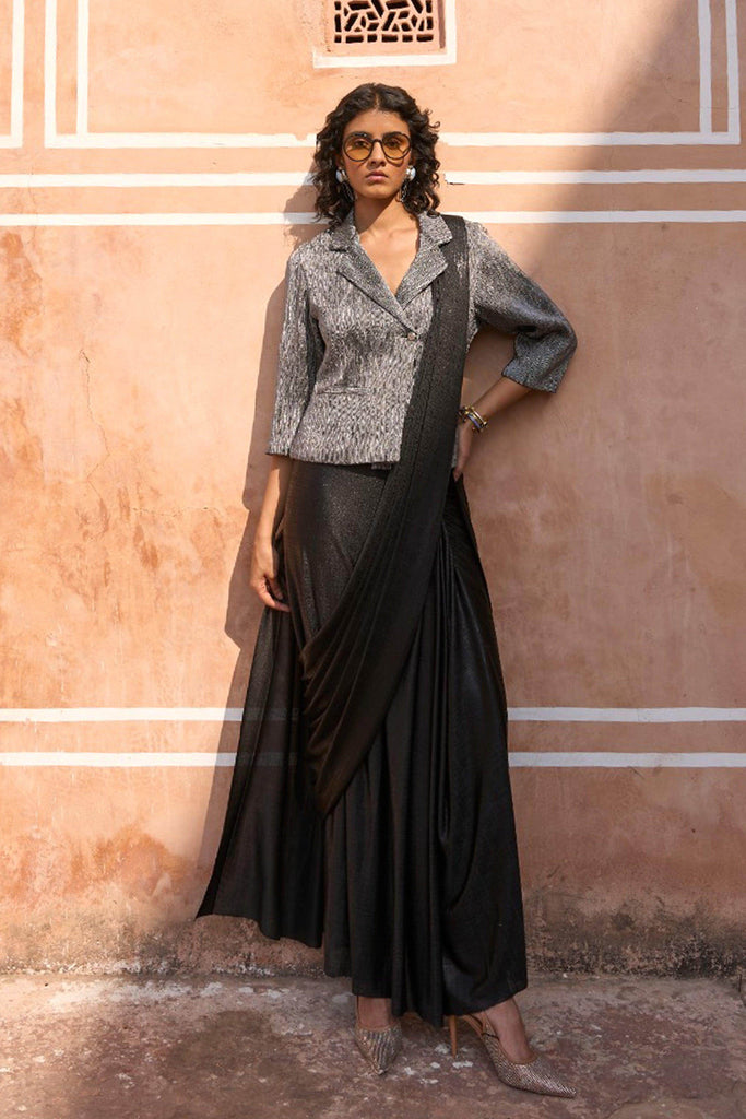 PLEATED METALLIC BLAZER TOP AND BLACK SARI DRAPE SKIRT - dash and dot dash and dot