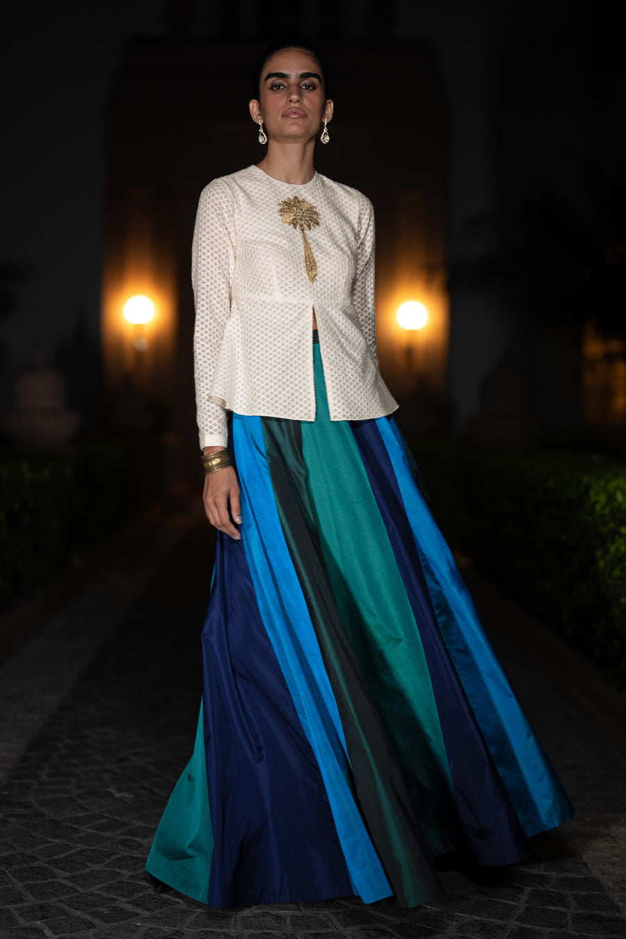 EMBROIDERED PATTERNED PEPLUM TOP & MULTICOLOUR PANELLED MAXI SKIRT
