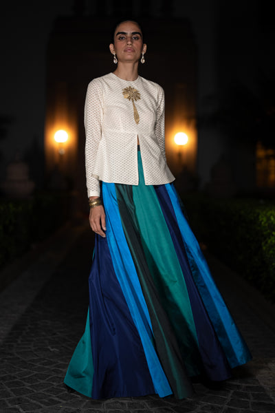 EMBROIDERED PATTERNED PEPLUM TOP & MULTICOLOUR PANELLED MAXI SKIRT