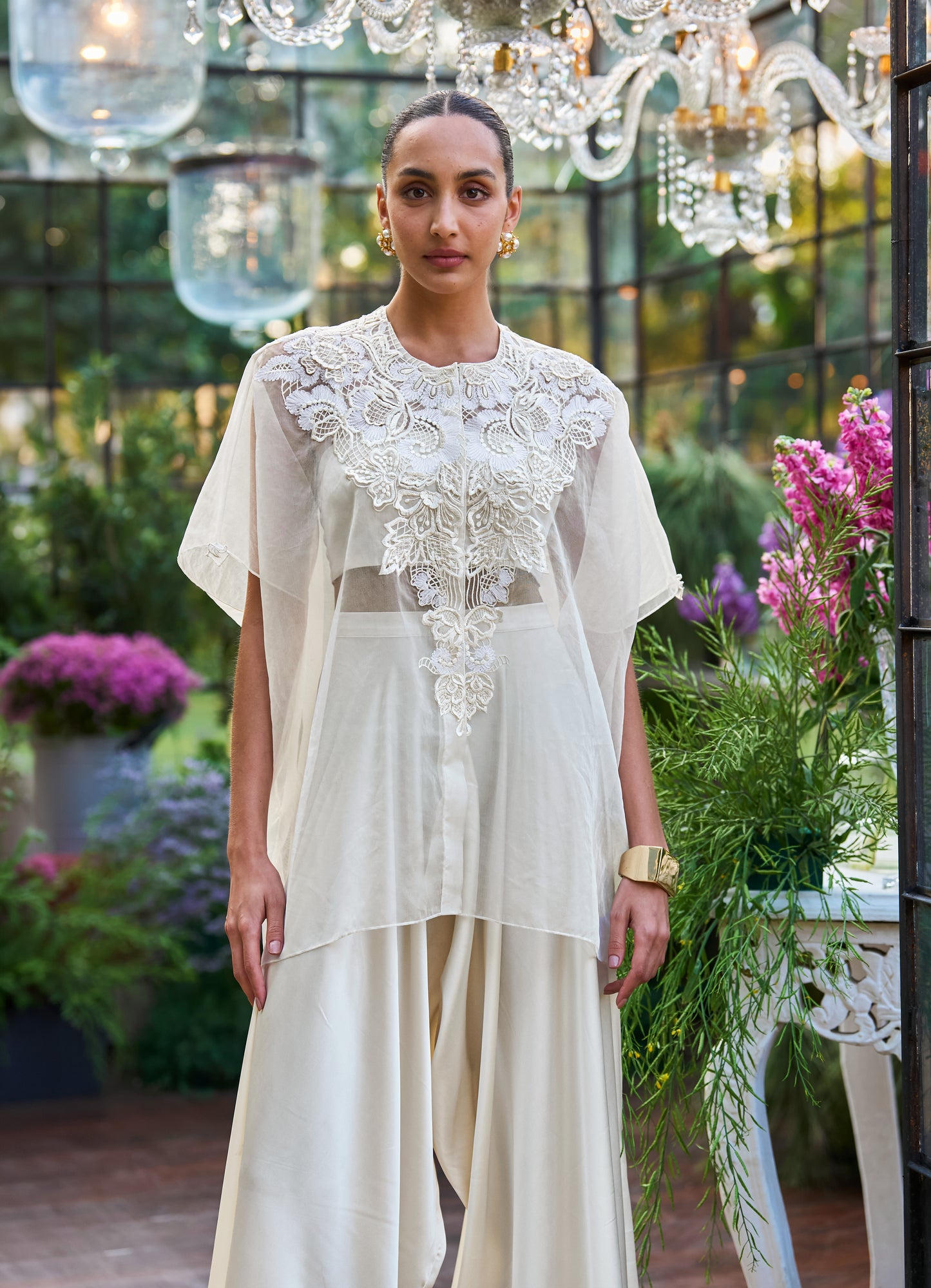 EMBROIDERED CAPE & BRALETTE WITH DRAPED CULOTTES