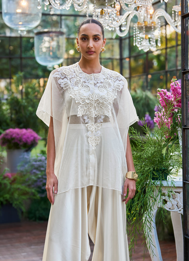 EMBROIDERED CAPE & BRALETTE WITH DRAPED CULOTTES dash and dot