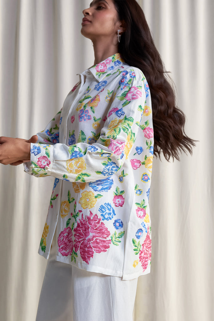 LINEN FLORAL CROSS-STITCH EMBROIDERED PANT dash and dot