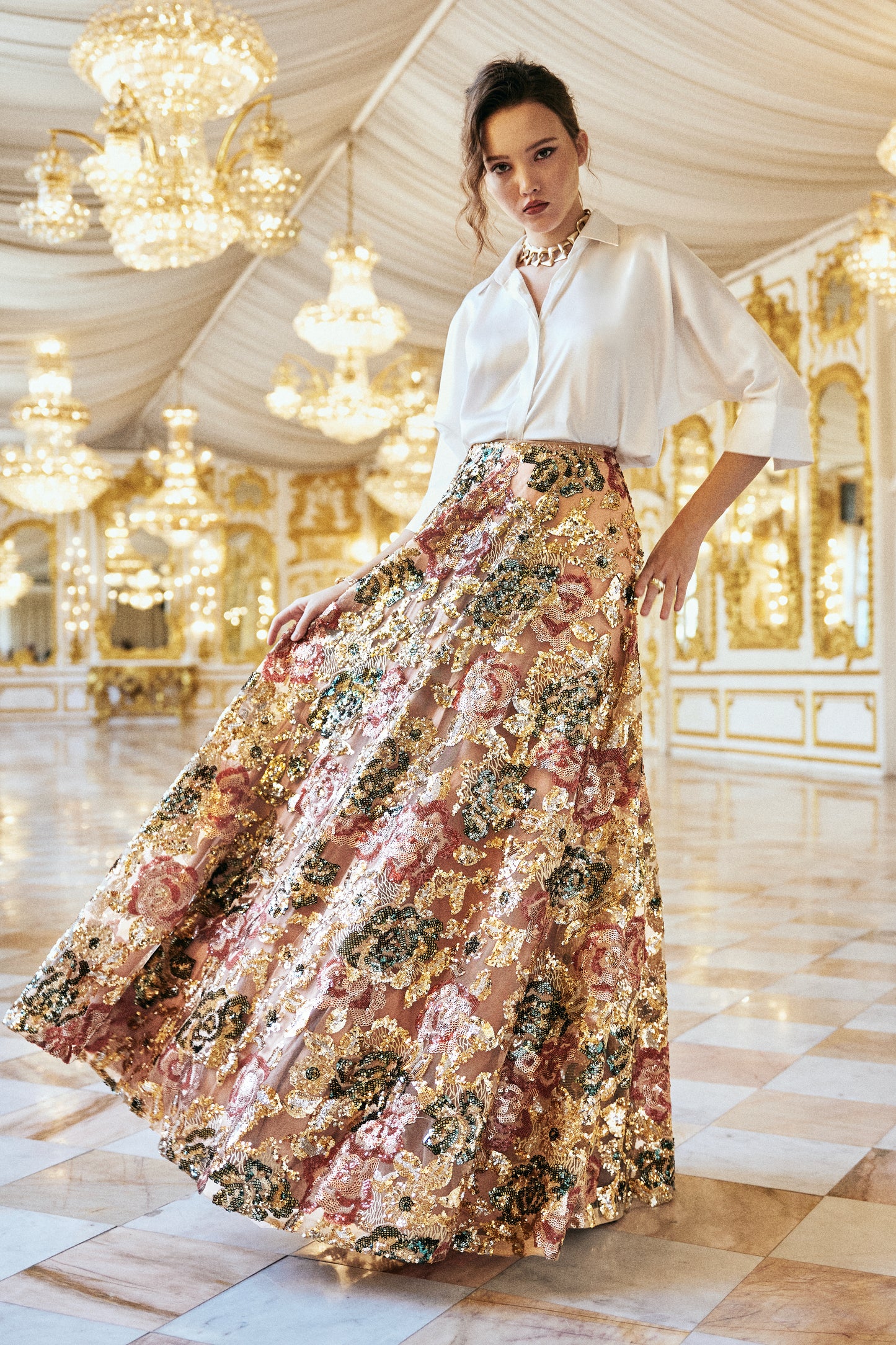 IVORY SATIN SHIRT & FLORAL SEQUIN MAXI SKIRT