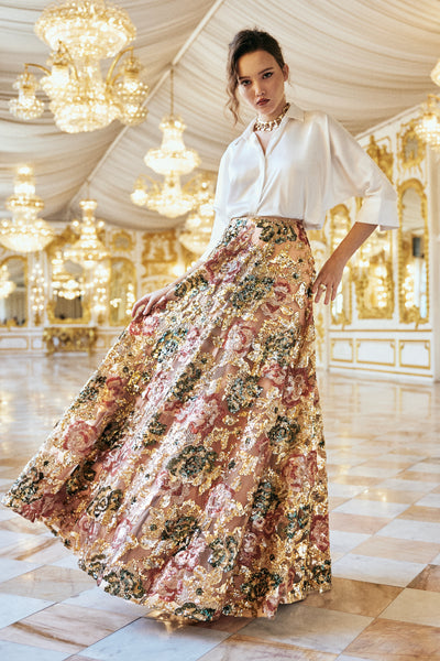 IVORY SATIN SHIRT & FLORAL SEQUIN MAXI SKIRT