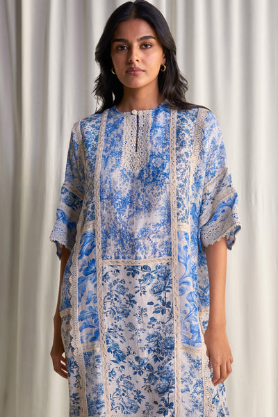 SILK-LINEN PORCELAIN PRINT PATCHWORK DRESS