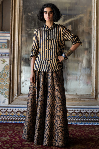 BENARES TISSUE STRIPED SHIRT & BROCADE FLARED SKIRT
