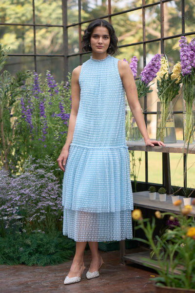 PLEATED POLKA DOT TIERED DRESS