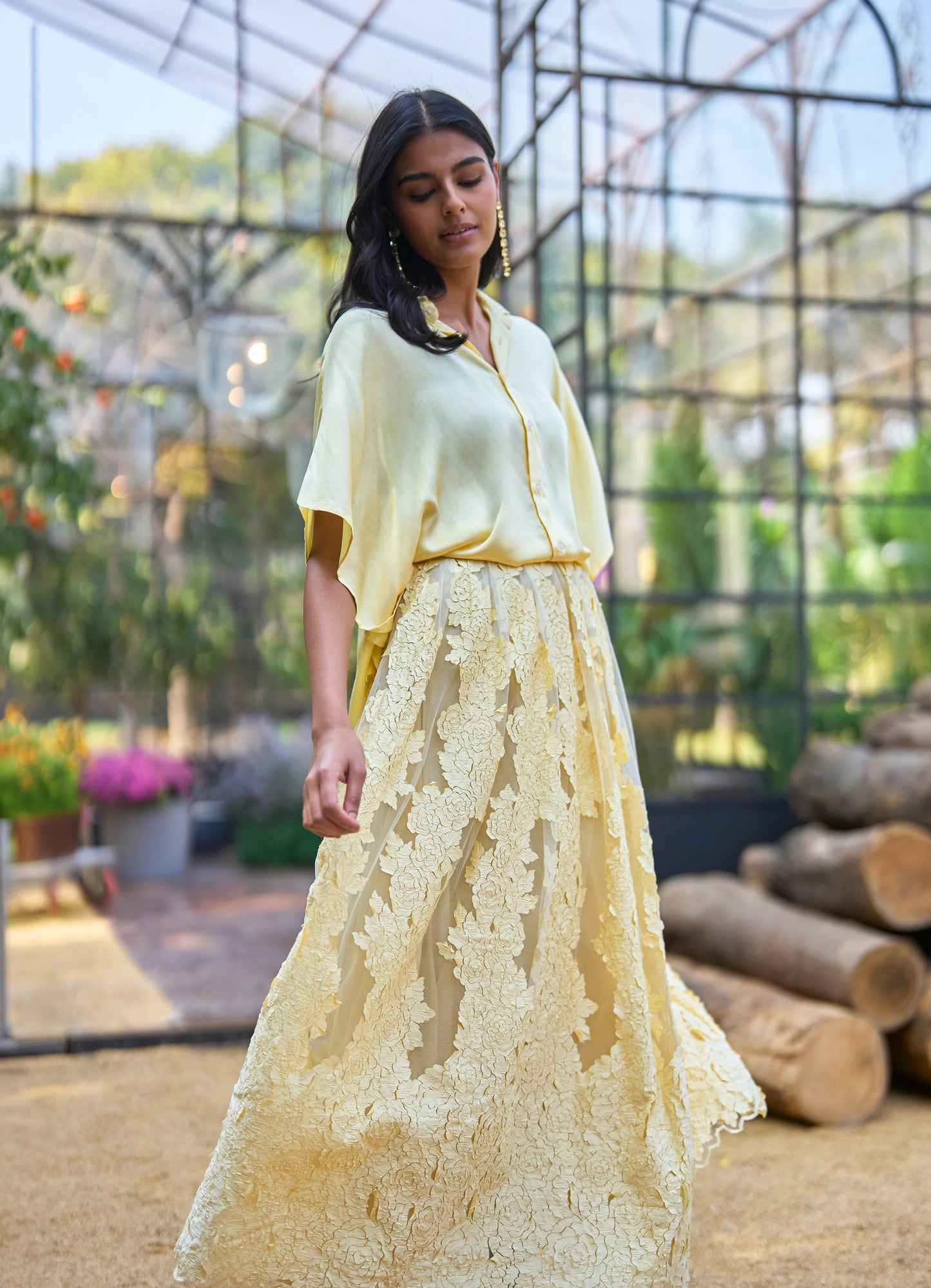 YELLOW SATIN SHIRT & CUTWORK LACE APPLIQUÉ FLARED SKIRT
