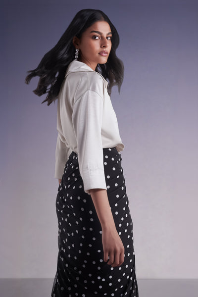 BOXY SATIN POPOVER TOP & POLKA DOT DRAPE SKIRT