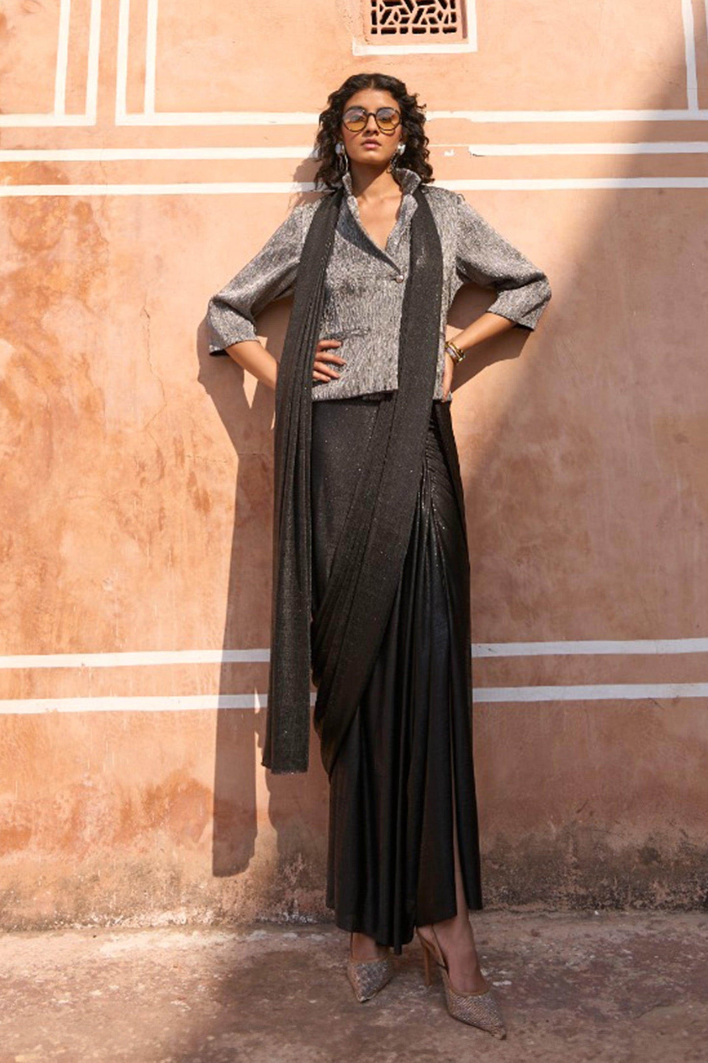 PLEATED METALLIC BLAZER TOP AND BLACK SARI DRAPE SKIRT - dash and dot