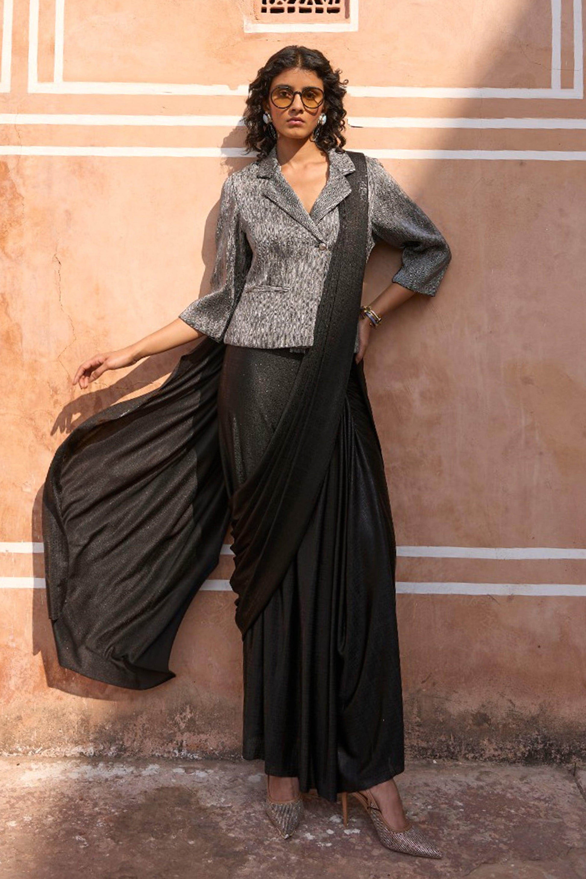 PLEATED METALLIC BLAZER TOP AND BLACK SARI DRAPE SKIRT - dash and dot