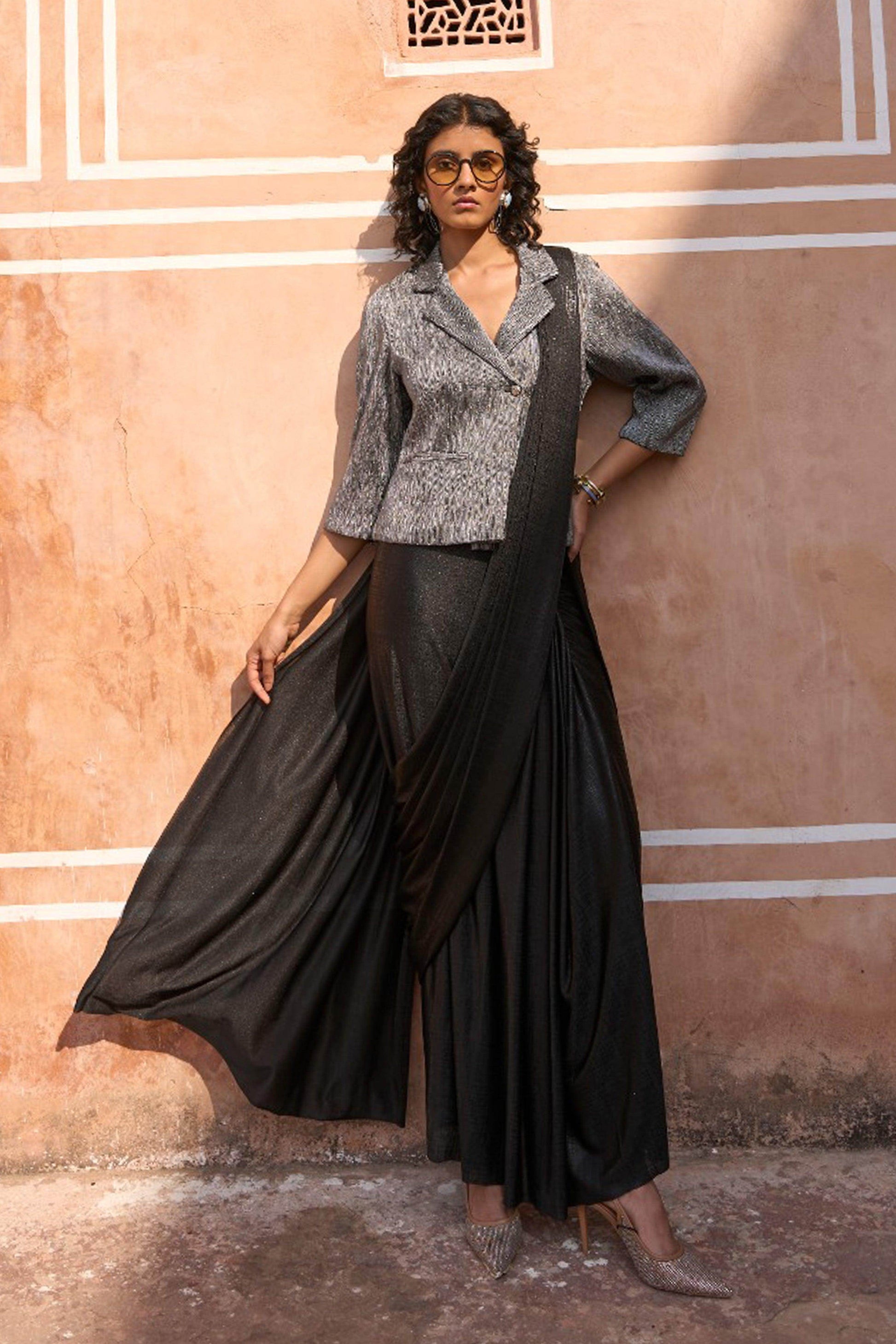 PLEATED METALLIC BLAZER TOP AND BLACK SARI DRAPE SKIRT - dash and dot