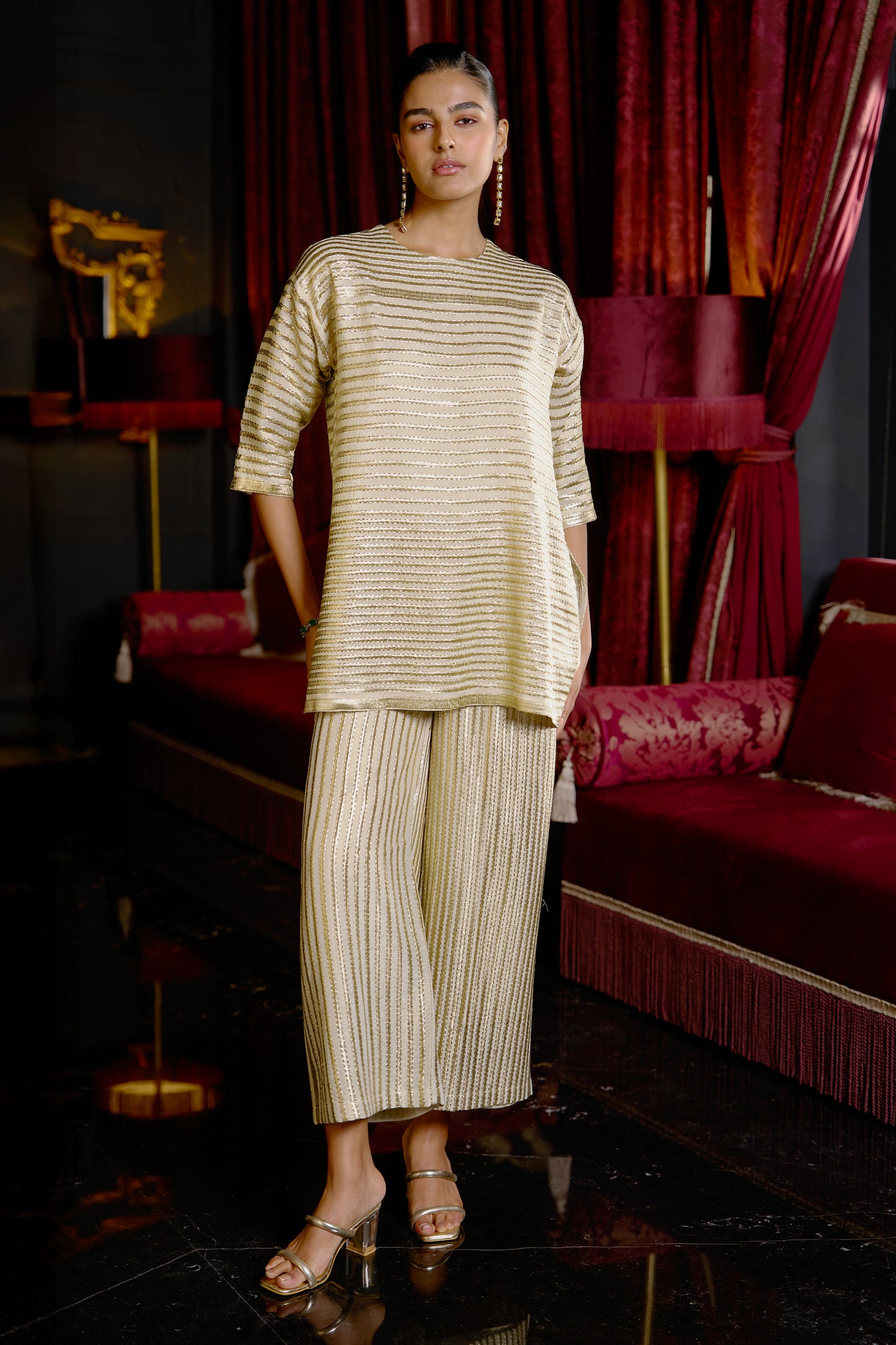 METALLIC STRIPE EMBROIDERED PANT
