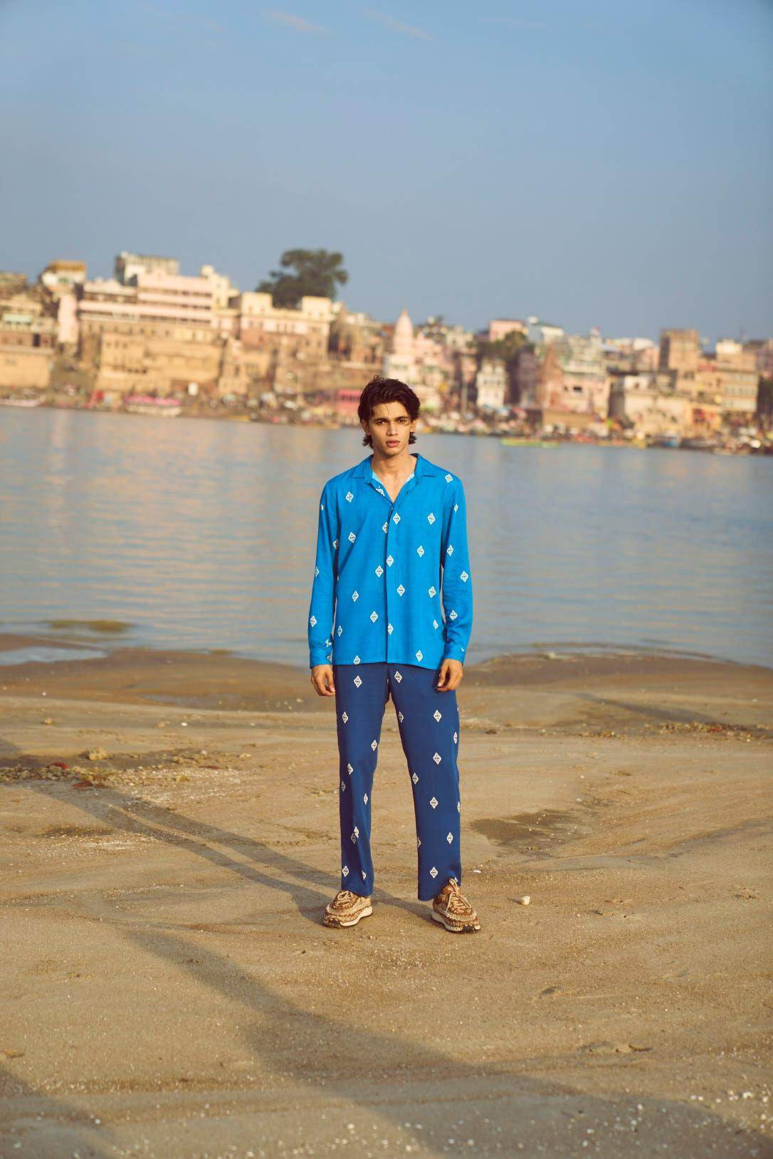 BLUE IKKAT PRINT SET - dash and dot