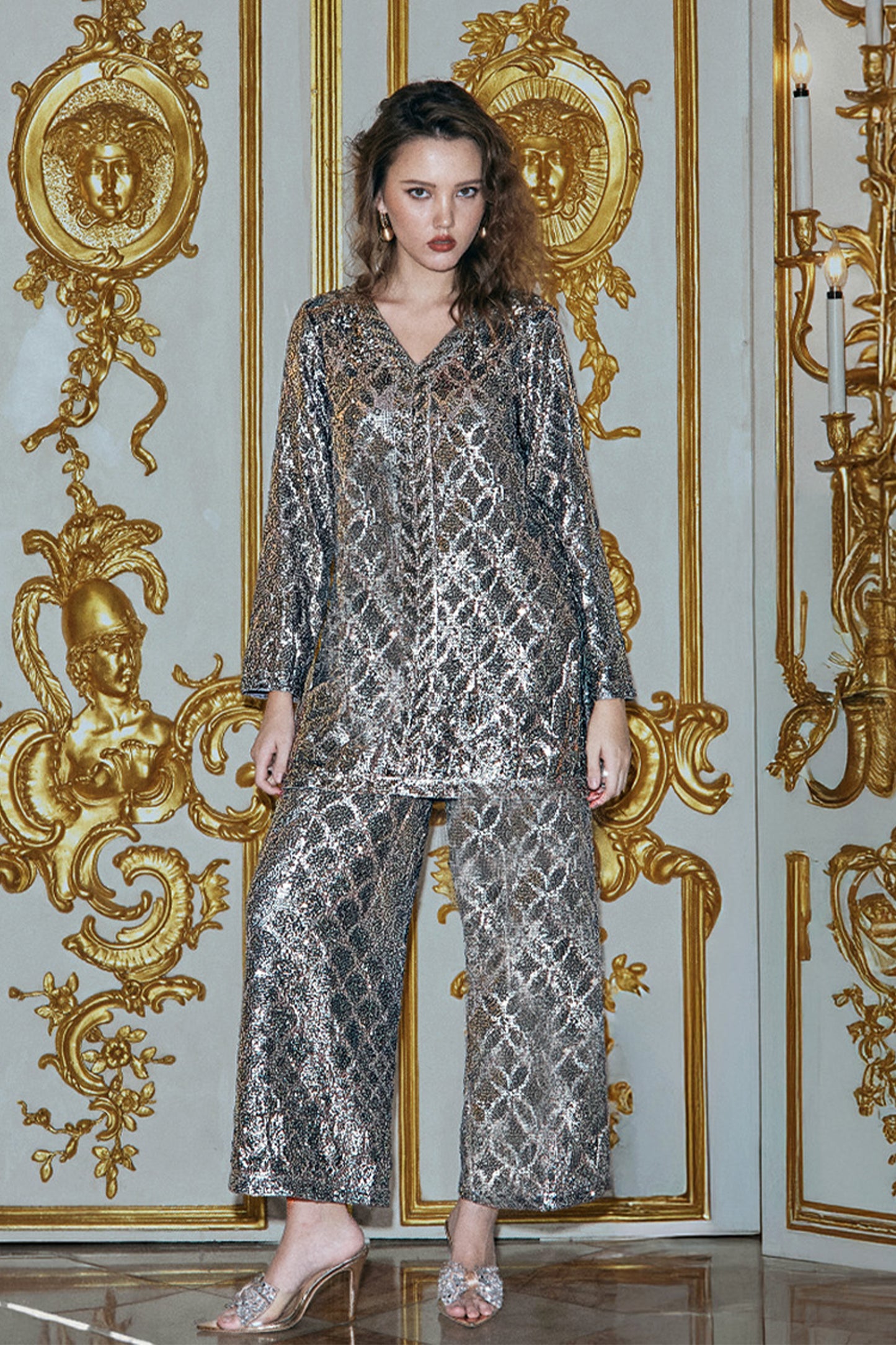 PEWTER SEQUIN EMBROIDERED SET