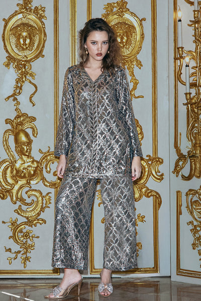 PEWTER SEQUIN EMBROIDERED PANT
