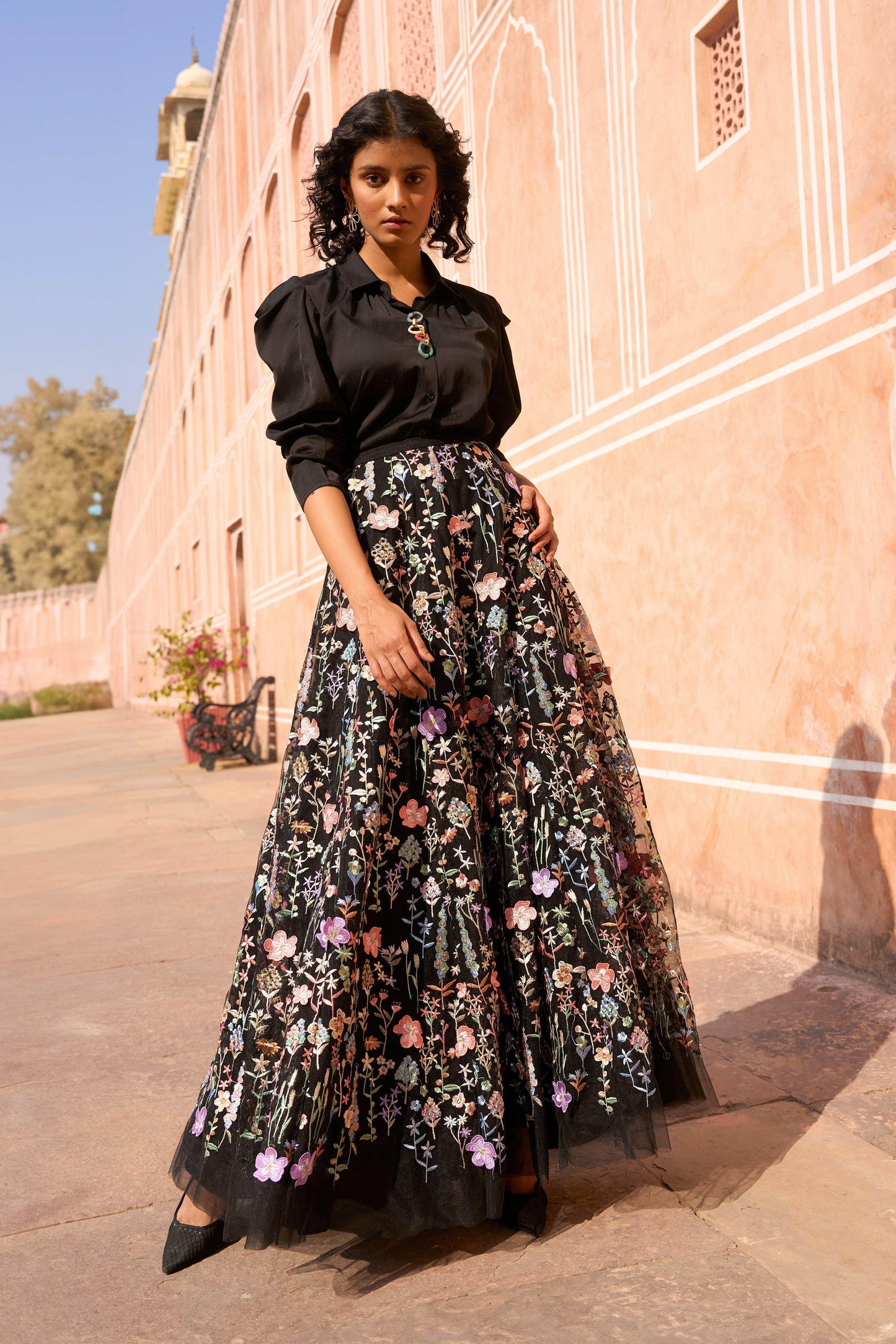 3D FLORAL MAXI SKIRT AND CHAIN NECK SHIRT - dash and dot