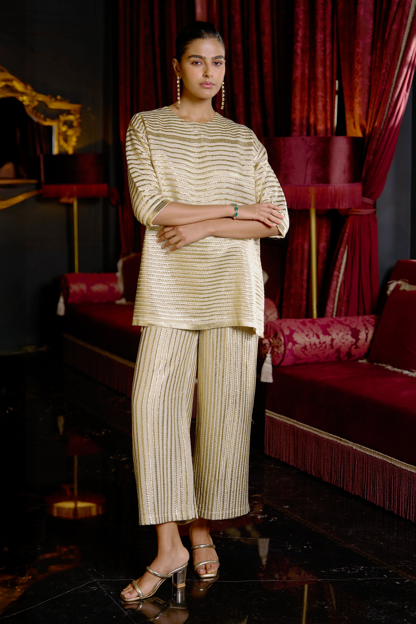 METALLIC STRIPE EMBROIDERED TOP