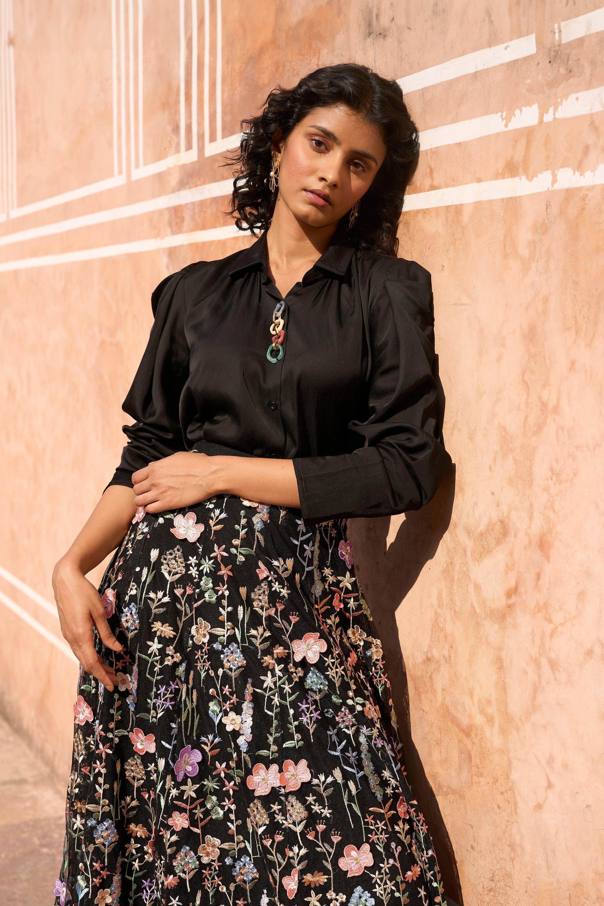 3D FLORAL MAXI SKIRT AND CHAIN NECK SHIRT - dash and dot