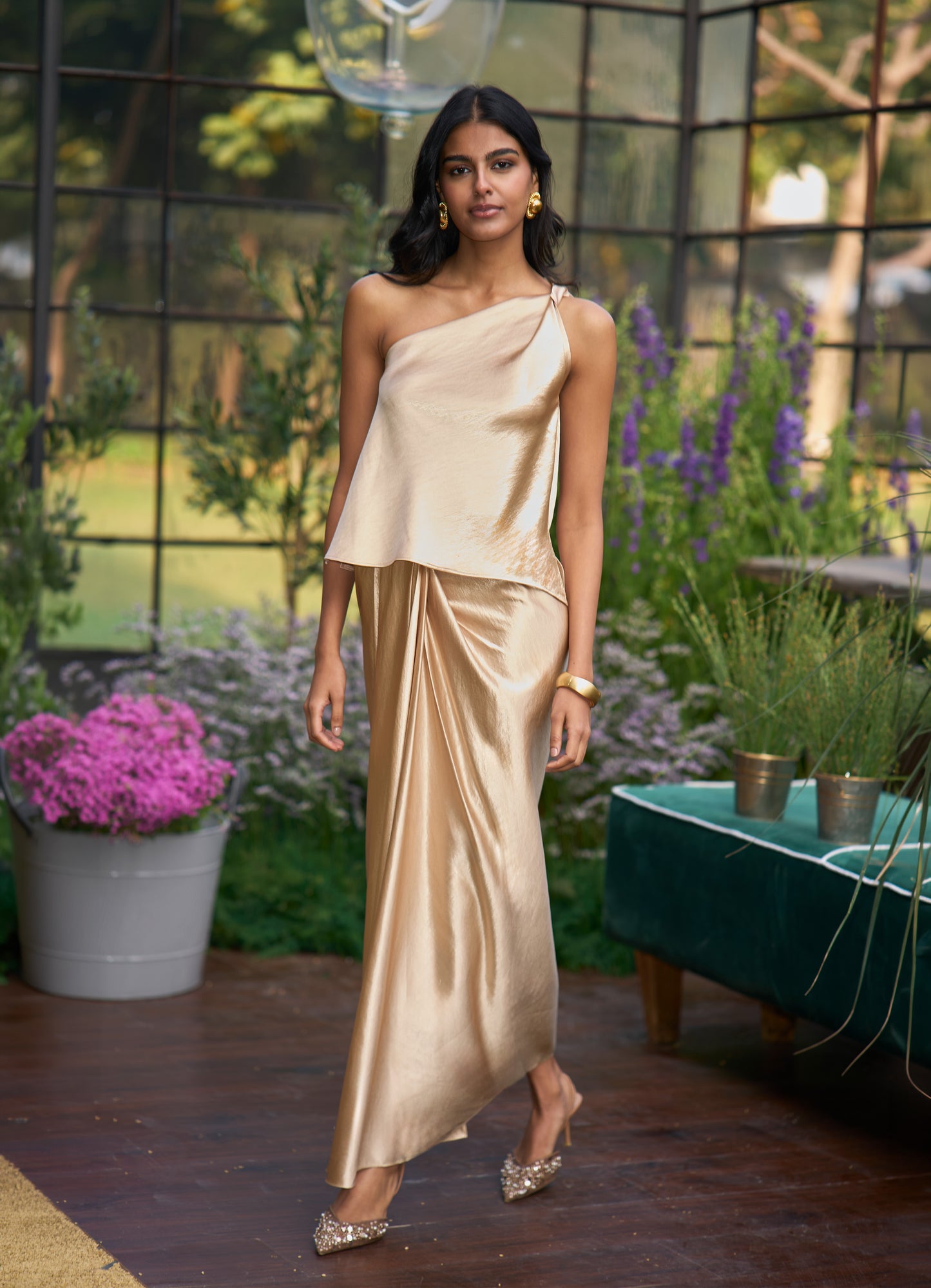 TWISTED ONE SHOULDER TOP & SATIN DRAPED SKIRT