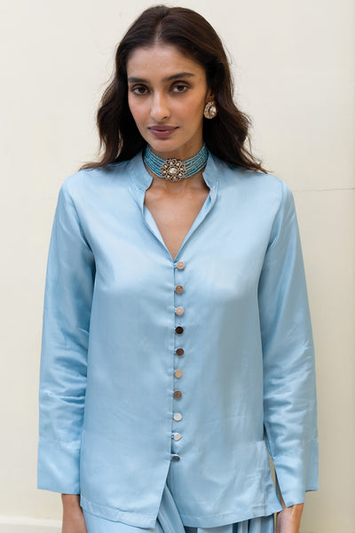 TEXTURED SATIN SHIRT & DRAPE COWL PANT