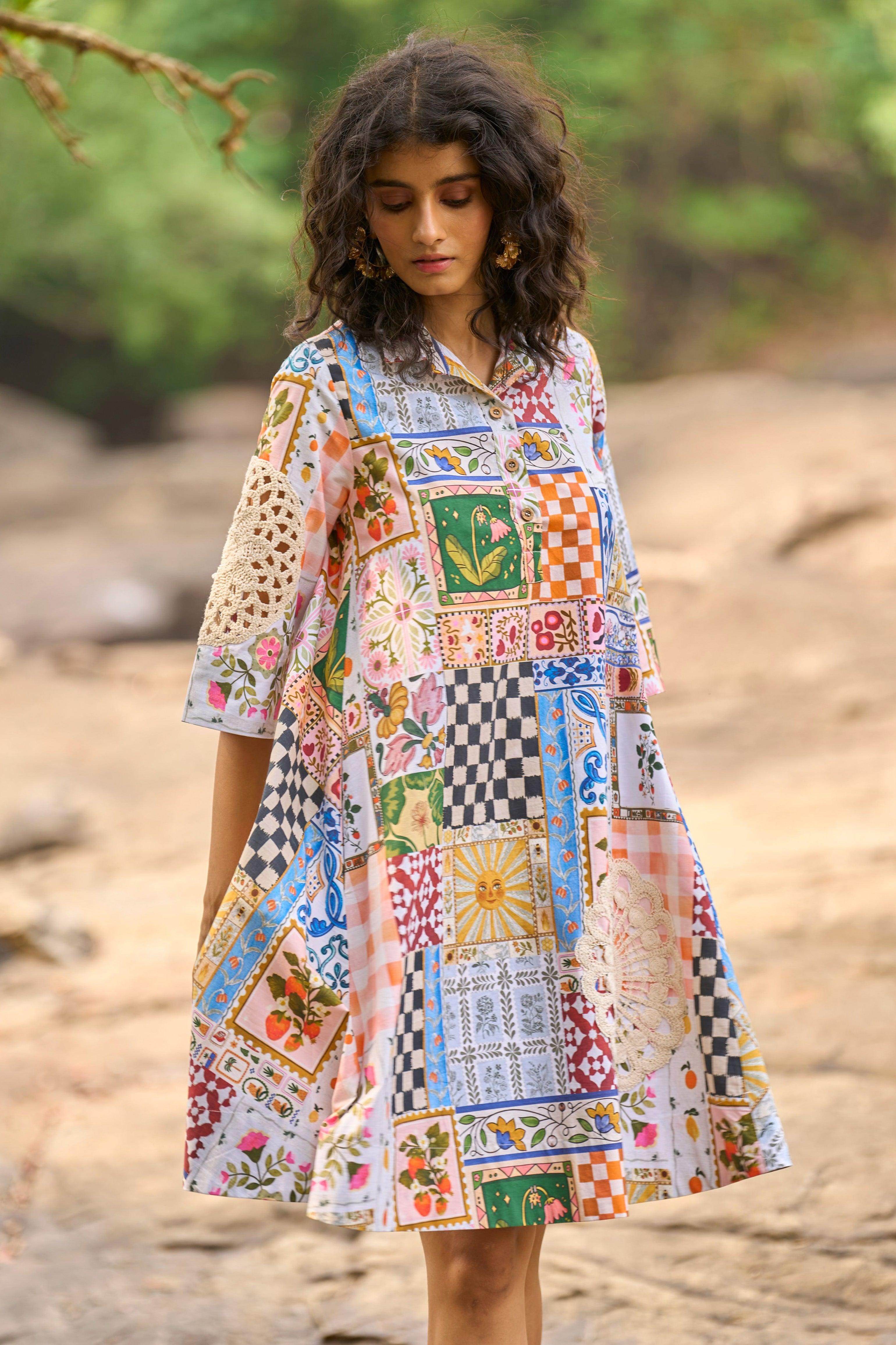 CROCHET PATCHWORK SHIRT DRESS XL / Multi