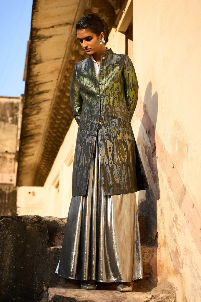 BROCADE JACKET AND FIT & FLARE SILVER SKIRT - dash and dot dash and dot