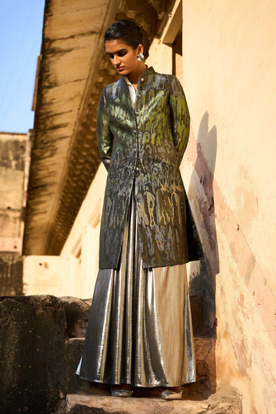 BROCADE JACKET AND FIT & FLARE SILVER SKIRT - dash and dot