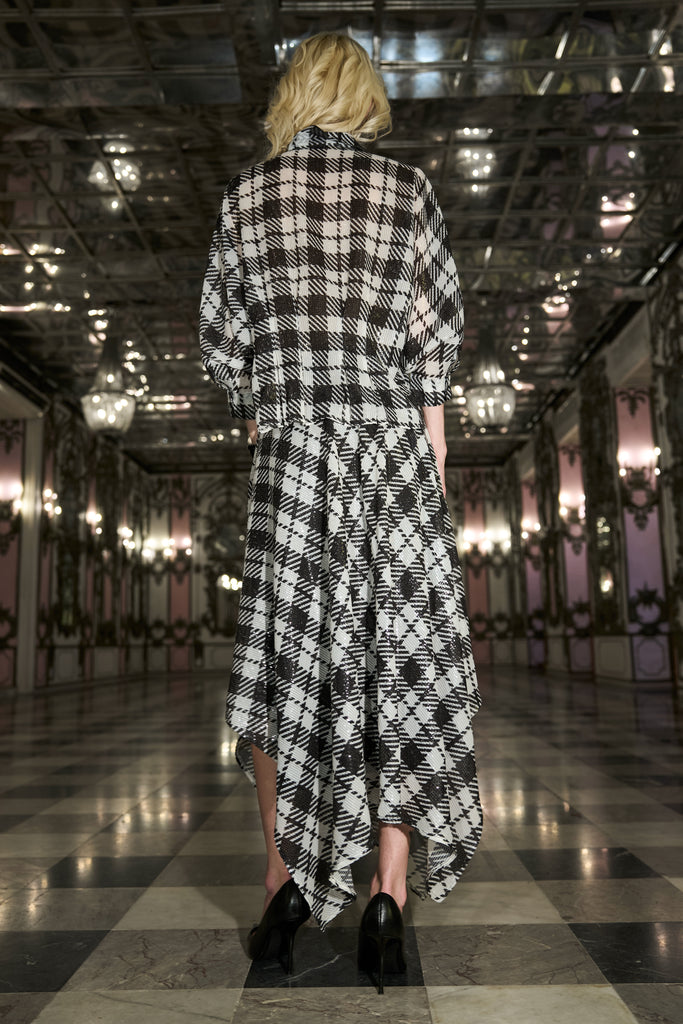 MONOCHROME SEQUIN DRAPE SHIRT & HANDKERCHIEF HEM SKIRT SET dash and dot