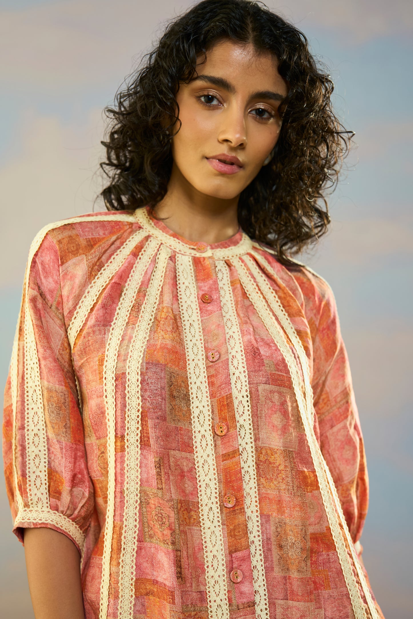 PRINTED LINEN-LACE DRESS