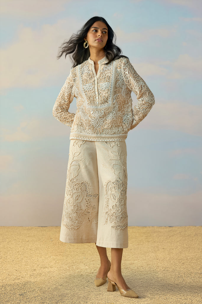 CUTWORK EMBROIDERED LINEN PANT dash and dot