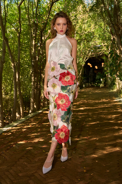 IVORY SATIN HALTER TOP & 3D FLORAL MIDI SKIRT