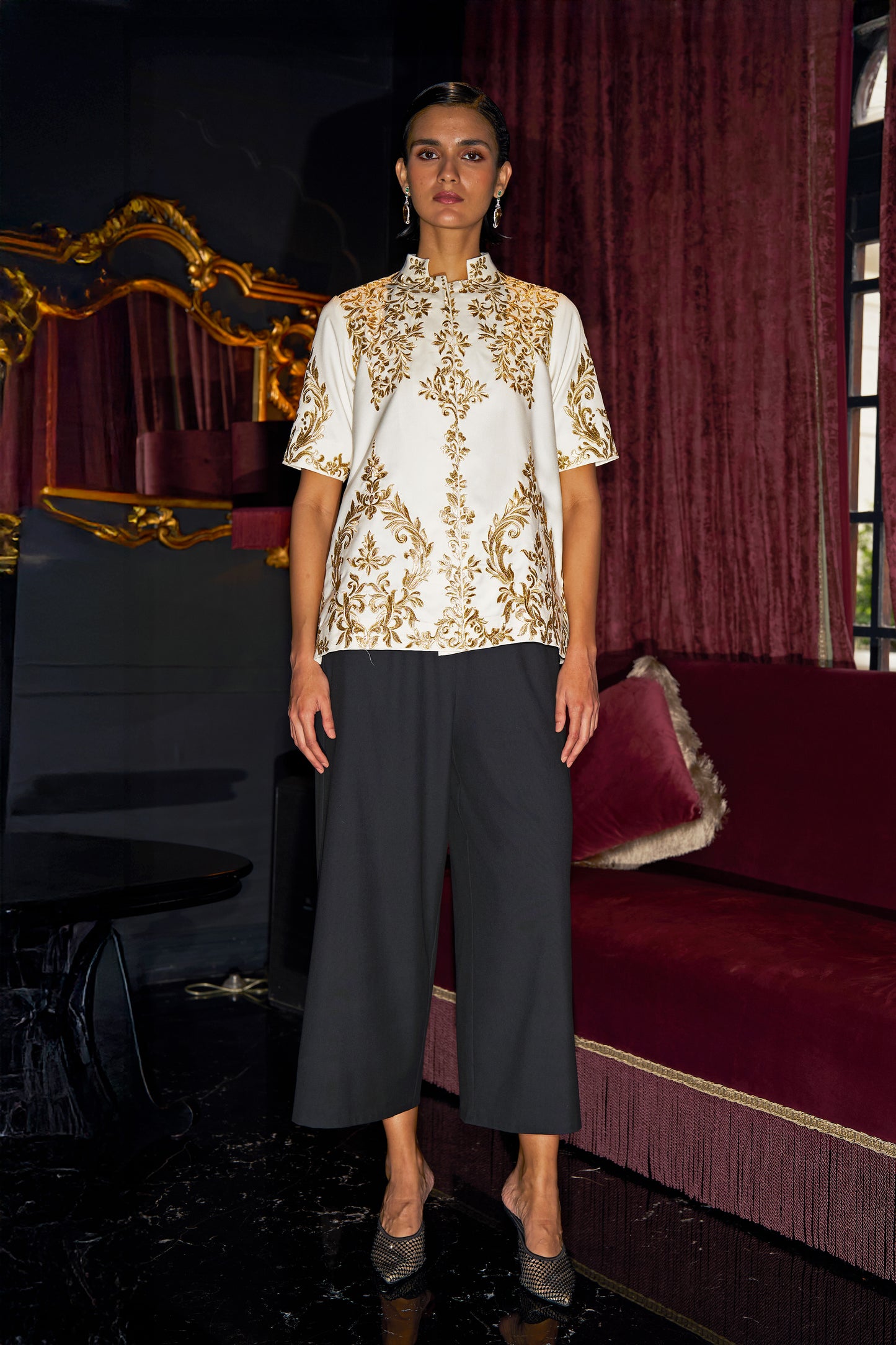 METALLIC EMBROIDERED SHIRT AND BLACK CULOTTE