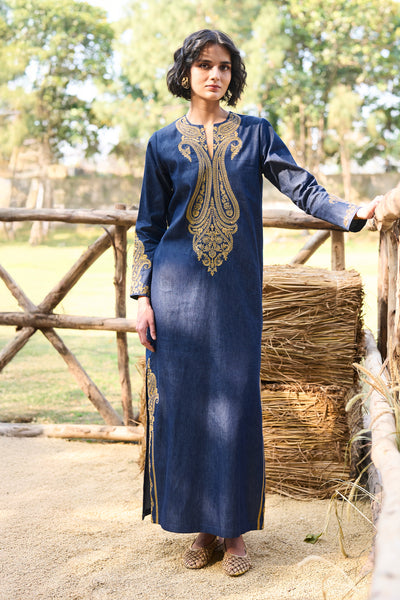 EMBROIDERED DENIM KAFTAN DRESS