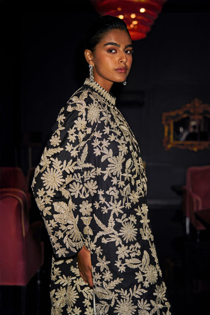 GOTA EMBROIDERED LONGLINE JACKET AND CRUSHED SKIRT dash and dot