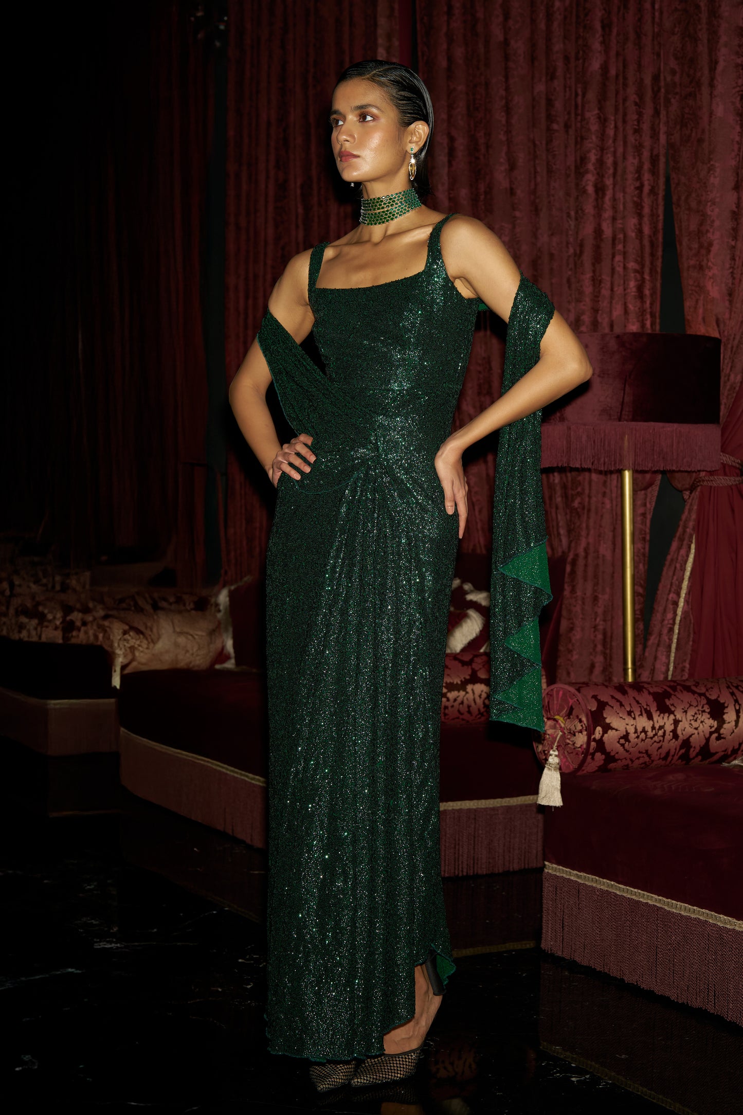 EMERALD SEQUIN SARI DRAPE GOWN