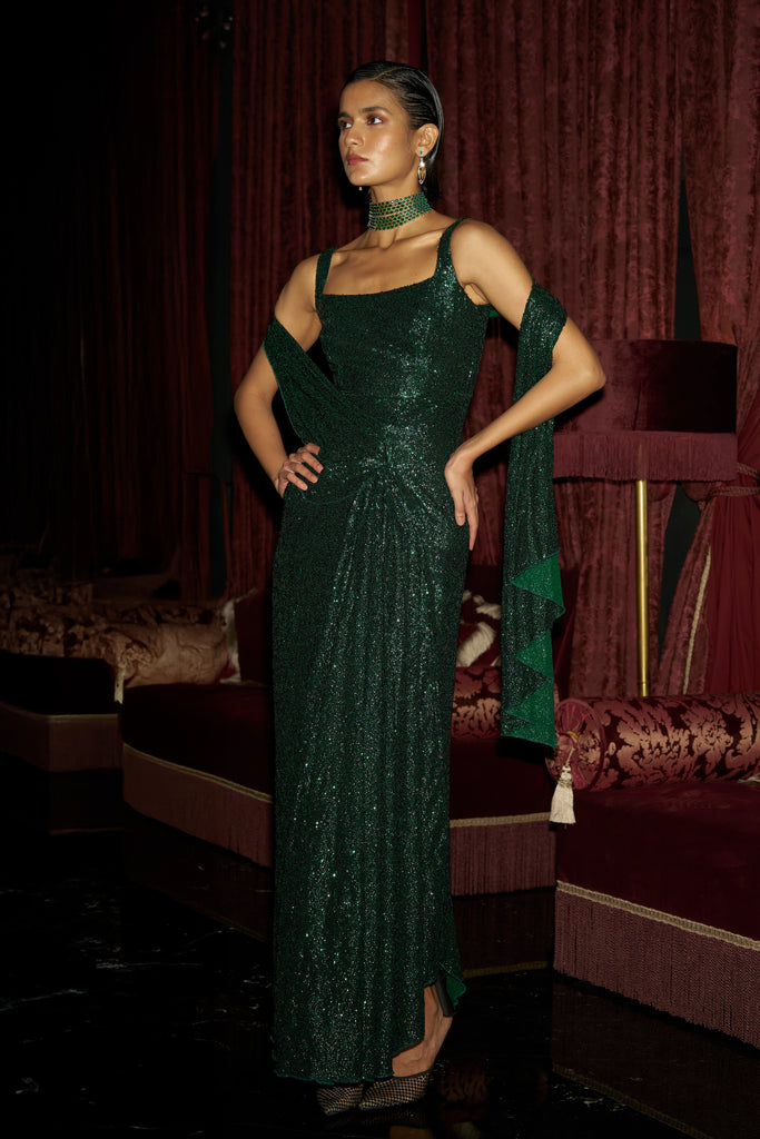 EMERALD SEQUIN SARI DRAPE GOWN dash and dot
