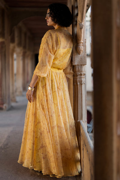 PRINTED ORGANZA PLEATED SHIRT & MAXI SKIRT SET